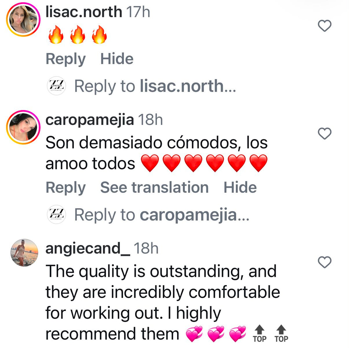 Comentarios reales en Instagram de Zenzoo Activewear
