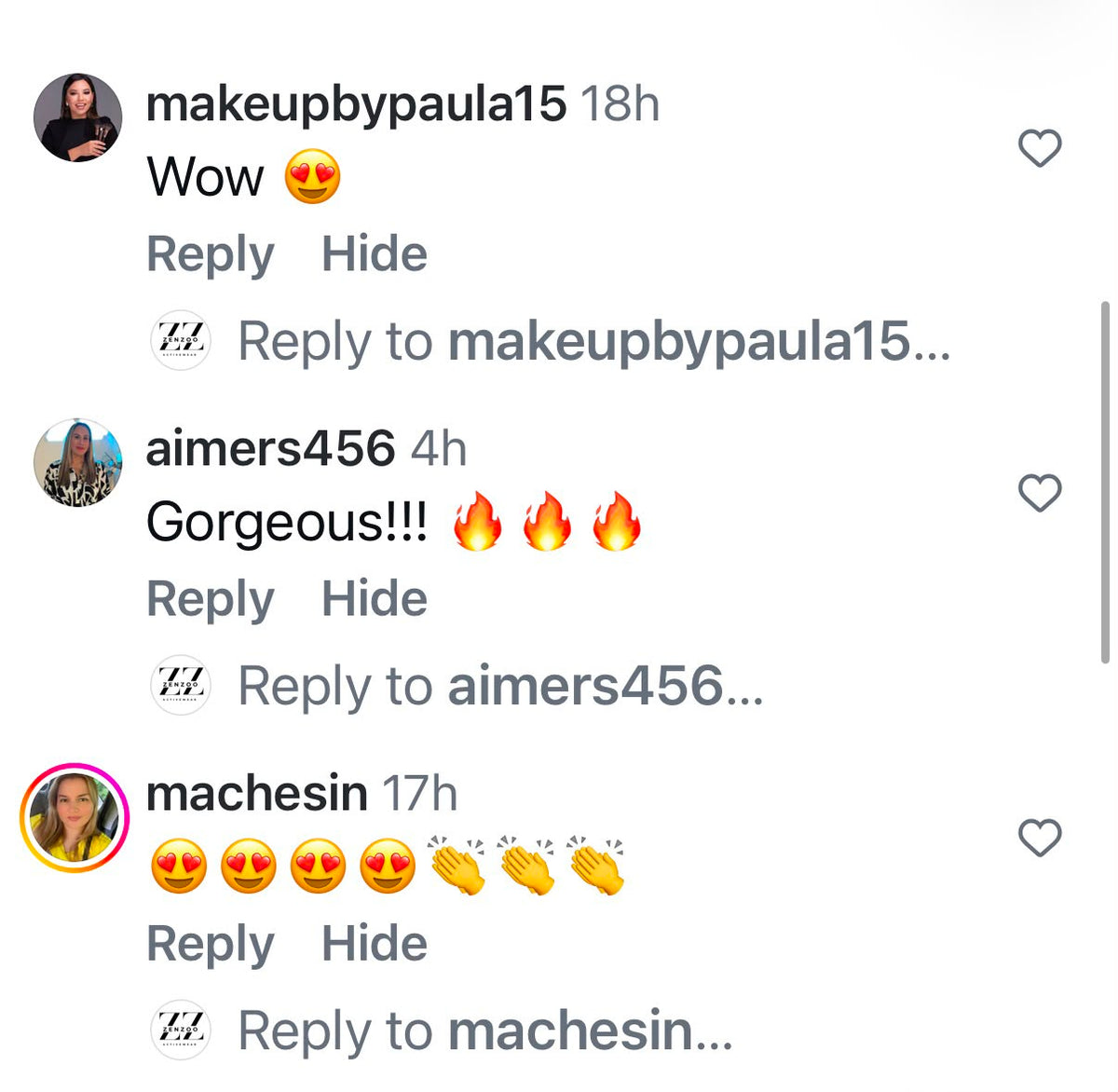 Comentarios reales en Instagram de Zenzoo Activewear